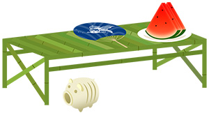 フリー素材 イラスト 夕涼み ベンチ 縁側 夏 goldfish 無料 商用可 PNG