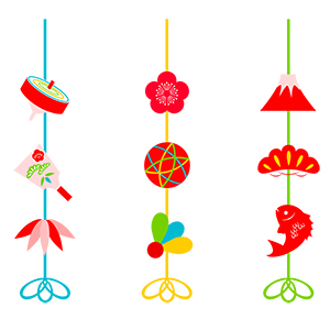 フリー素材 イラスト 冬 正月 縁起物 富士山 鯛 独楽 羽子板 手まり 松竹梅 無料 商用可 PNG