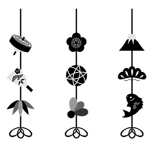 フリー素材 イラスト 冬 正月 縁起物 富士山 鯛 独楽 羽子板 手まり 松竹梅 無料 商用可 PNG